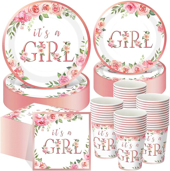 Funnymoom 250 Pcs Baby Shower Decoration for Girl, Pink Floral Paper Plates Napkins and Cups It's a Girl Baby Shower Party Tableware for Gender Reveal Spring Birthday Decorations, Serves 50