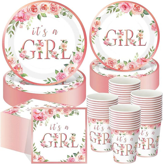 Funnymoom 250 Pcs Baby Shower Decoration for Girl, Pink Floral Paper Plates Napkins and Cups It's a Girl Baby Shower Party Tableware for Gender Reveal Spring Birthday Decorations, Serves 50