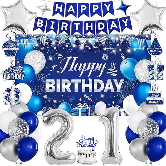 21st Birthday Decorations for Men & Women, Navy Blue and Silver Happy 21st Birthday Party Decorations with Number Balloons, Hanging Swirls, Cake Topper for 21 Years Old Party Supplies