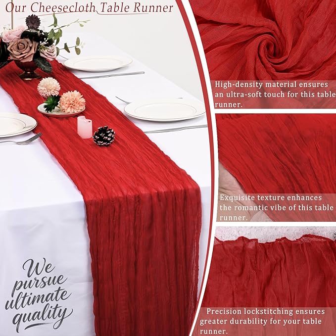 10 Pack Red Cheesecloth Table Runner 17x108 Inch Semi Sheer Boho Rustic Gauze Cheese Cloth Table Runners for Wedding Party Birthday Baby Shower Home Décor