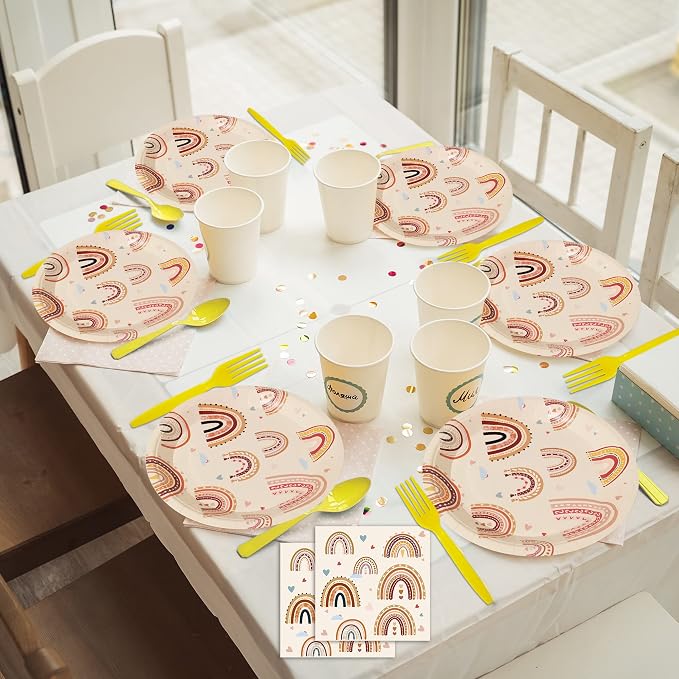 Boho Rainbow Party Plates Napkins Decorations Serves 24, Groovy Hippie Party Supplies Tableware Set for Boho Rainbow 1st Birthday Baby Shower Disposable Paper Plates Napkins Forks for Girl Boy, 96 Pcs