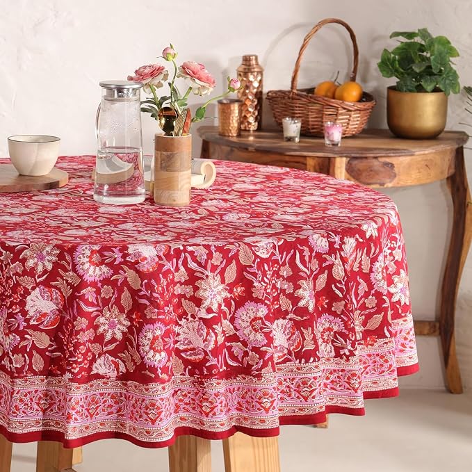 Hand Block Printed Tablecloth, Cherry Red, 108 Inches Round, Colorful Floral Print | 100% Cotton | Indian Artisan Handmade Art | Dining Room, Kitchen, Outdoor Décor