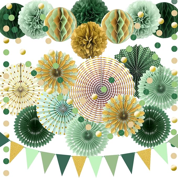 Sage Green Gold Party Decorations, Paper Fans Honeycomb Balls Circle Garlands for Graduation, Boho Gender Neutral Baby Shower, Olive Woodland Birthday, Bridal Shower Party Supplies, 20Pcs