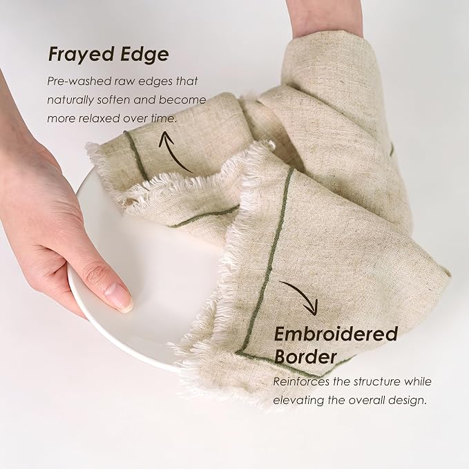 Linen World Dish Towels Set of 4, 20 x 28 Inch Linen Blend Kitchen Towel, Frayed Edge, Embroidered Border, Absorbent Large Tea Towels-Natural