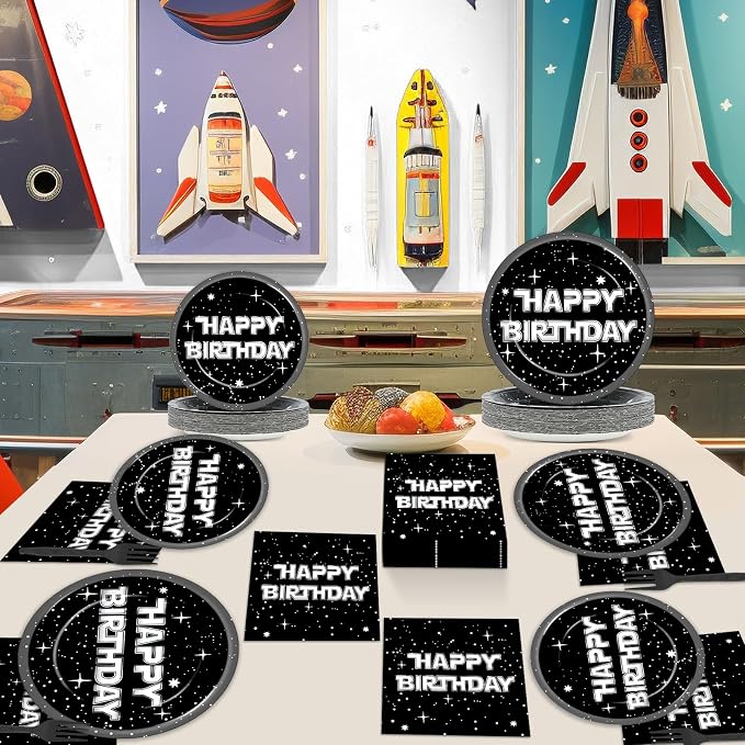 100Pcs Stars Birthday Party Decoration Galaxy Universe Plates and Napkins Space Theme Paper Plate Supplies for Outer Spaces Disposable Tableware Dinnerware Set Baby Shower Night Sky Decor for 25 Guest
