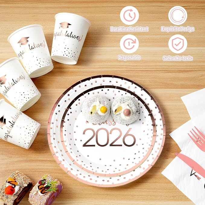 175pcs Class of 2026 Graduation Plates and Napkins Set, Disposable Paper Plate Set Polka Dots Napkin Cups Knife Fork Spoon for Graduation Party Decorations and Supplies,Serve 25(White Rosegold)