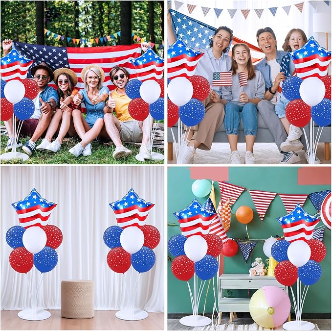 4th of July Balloons Stand Kit 2 Sets with 2 America Flag Star Foil Balloon Patriotic Red White and Blue Party Balloon Centerpiece for Tables for 250th Anniversary Independence Day Party Decorations
