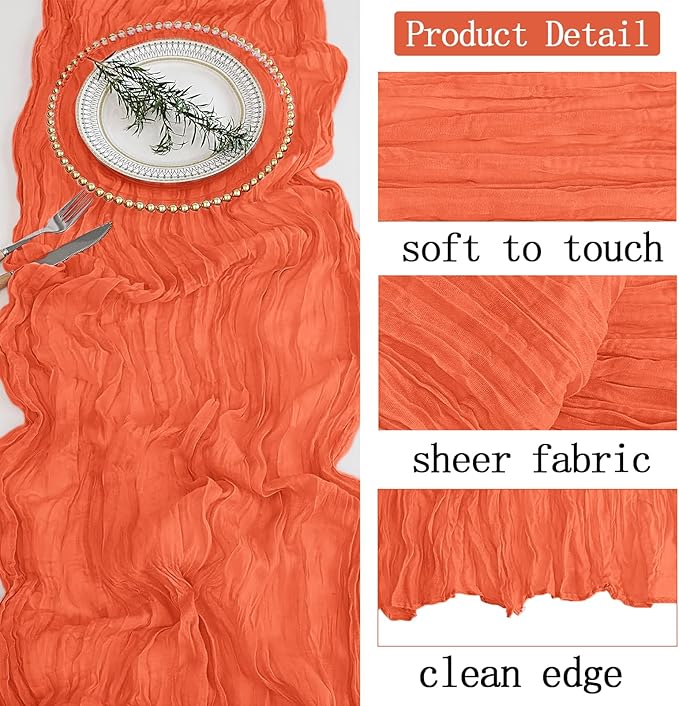 6 Pack Orange Cheesecloth Table Runner 20 x 120 inch Gauze Table Runners 10 FT Long,Semi Sheer Cheese Cloth Fabric Table Runner Bulk for Wedding,Party,Baby Shower,Bridal Shower Decoration
