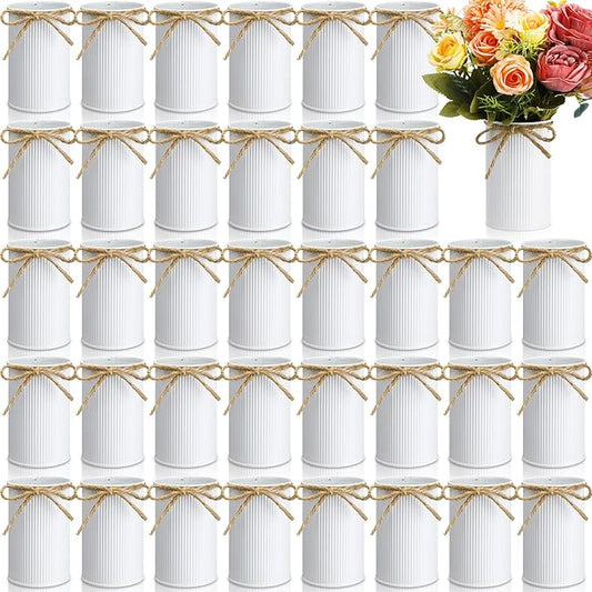 Rustic Vase for Table Centerpieces 4.33 Inch Small Petite Flower Vase with Twine Bow Vintage Farmhouse Decor for Wedding Reception Dining, Home Galvanized Metal Buckets(White,36 Pcs)
