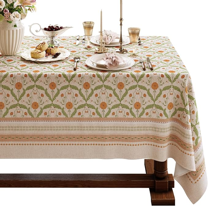 Block Print Thick Linen Tablecloth for Rectangle Tables, Waterproof Wipeable Decorative Table Cover for Dining Kitchen Indoor Outdoor, 55" x 79", 4-6 Seats