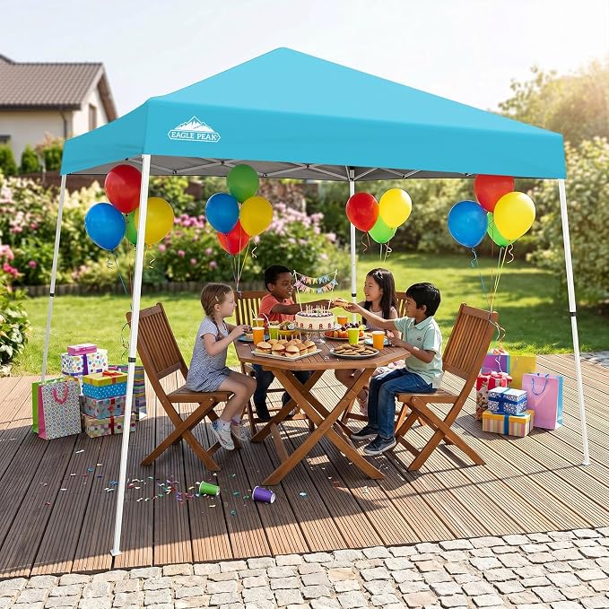 EAGLE PEAK 10x10 Slant Leg Pop-up Canopy Tent Easy One Person Setup Instant Outdoor Beach Canopy Folding Portable Sports Shelter 10x10 Base 8x8 Top (Light Blue)
