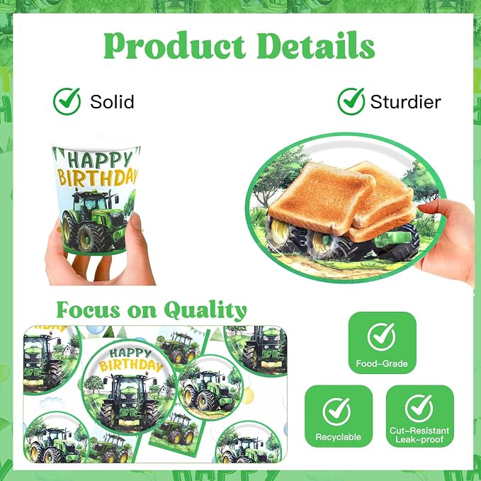 182pcs Tractor Birthday Decorations,Green Farm Party Tableware Set Includes Plates and Napkins,Cups,forks,knives,banner,Tablecloth,for Tractor Birthday Party Supplies,Serve 30