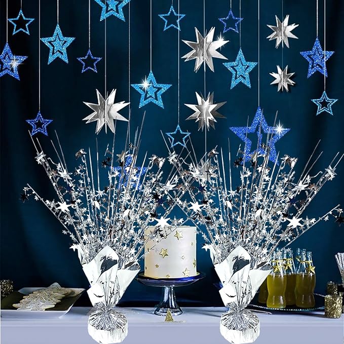 FUBININA 12 Pack Metallic Foil Spray Centerpiece Star Table Decoration Burst Table Centerpieces for New Years Nye Birthday Wedding Anniversary Graduation Holiday Party Supplies Decor, Silver
