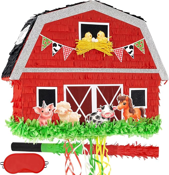 WERNNSAI Red Farm Animal Piñata - Farm Baby Shower Decorations Animal Piñata Party Game for Kids Birthday Celebrations Milk Farm Party Favor Supply with Bat Blindfold