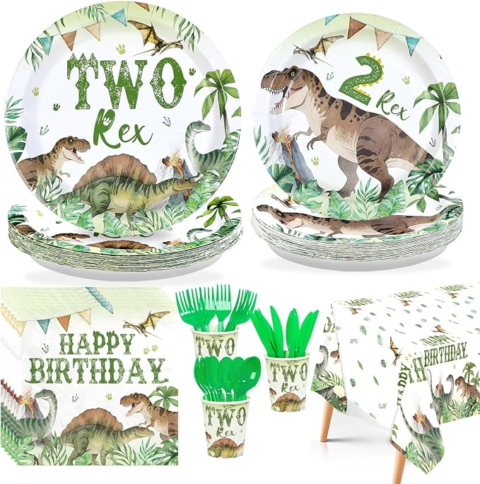 170Pcs Dinosaur 2nd Birthday Party Supplies Two Rex Dinosaur Plates for Boy | Watercolor 2 Rex Plates Napkins Cups Forks Knives Spoons Tablecloths Tableware Set Dino 2 Year Old Birthday Decor Serves 24