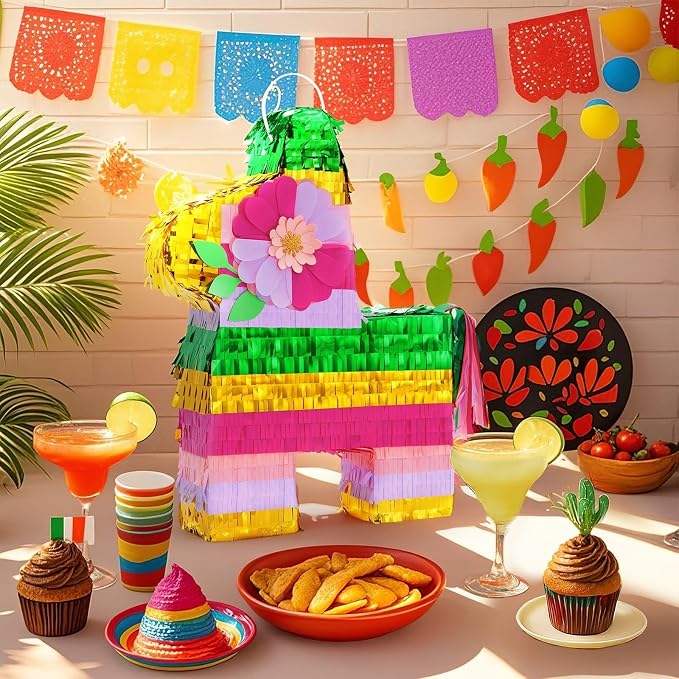 WERNNSAI 16.5" Tropical Hawaii Piñata - Rainbow Donkey Piñata with Blindfold Bat for Mexican Piñata Fiesta Party Decorations Luau Event Birthday Hawaiian Party Supplies Mexican Theme Carnivals