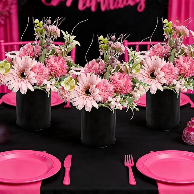 Artificial Flowers Table Centerpieces - Set of 6 Pre-Made Daisy Floral Arrangements with Rustic Metal Black Vase for Birthday, Baby Shower, Party, Home Decorations - Hot Pink & Rose Gold