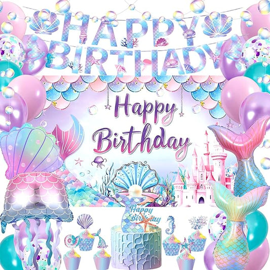 Mermaid Party Decoration Mermaid Birthday Party Decorations Under The Sea Decor with Fish Tail Seashell Foil Balloons Haapy Birthday Banner for Ocean Theme Party (Pink-purple)