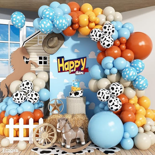 Western Balloon Arch Kit, 123pcs Retro Burnt Orange Pastel Blue Mustard Yellow Balloon Garland with Cow Print Cloud Print Balloons for Boy Story Baby Shower First Rodeo Farm Adventure Decorations