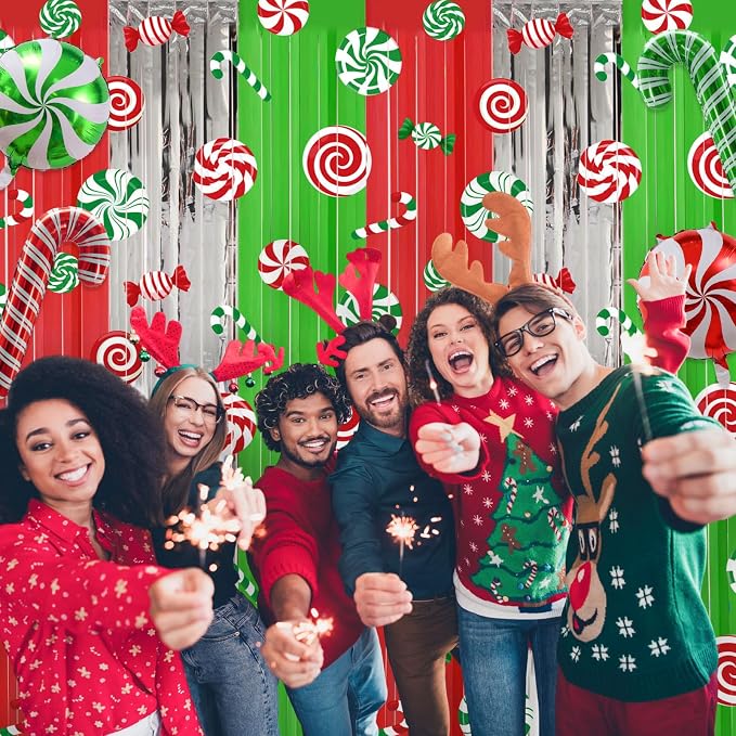 Blosssound 2 Packs Christmas Party Decorations 3.3 x 6.6 ft Candy Cane Foil Fringe Curtain Xmas Holiday Tinsel Streamers for Xmas Winter Holiday Baby Shower Decoration(2 Packs, Christmas Candy)