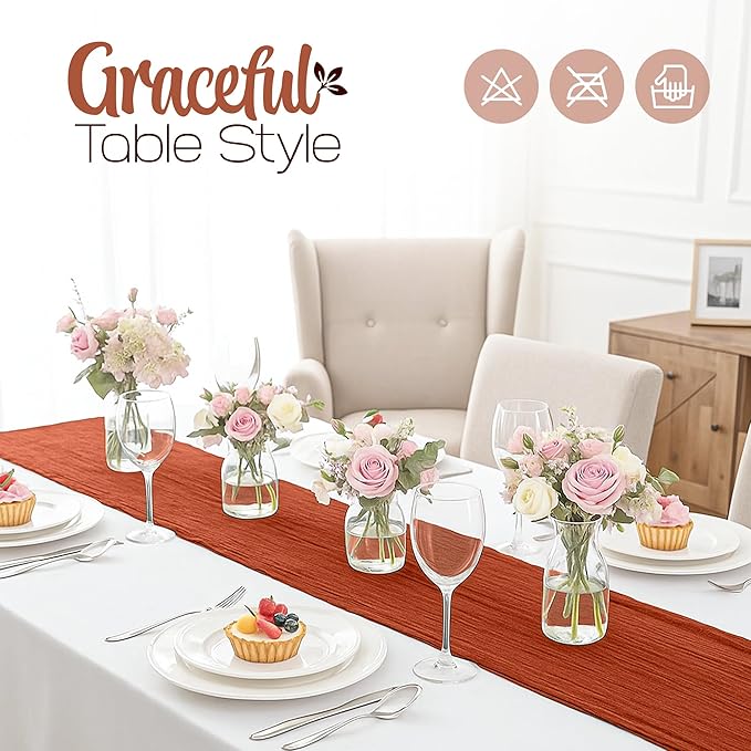 12 Pack Terracotta Cheesecloth Table Runners 10FT Long – 35 x 120 Inch Boho Gauze Table Runners for Engagement, Wedding, Baby Shower & Home Decor – Soft Wrinkled Polyester Fabric