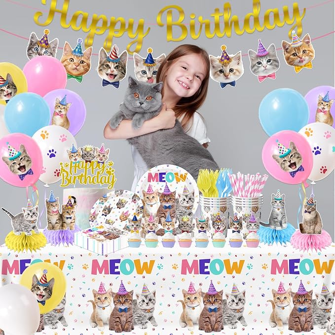 Cat Birthday Decorations,189pcs Cat Party Decorations cat Birthday Plates and Napkins Cups Tablecloth Cake Topper Hanging Swirls Centerpiece Balloon for Ca t Party Supplies