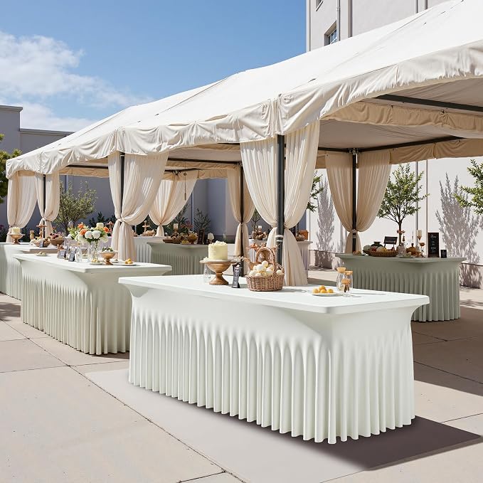6 pk Ivory Spandex Tablecloth for 8 Foot Rectangle Tables,Wrinkle Free High Stretchy Cream Fitted Tablecloths with Ruffle Skirt, Elastic Spandex Table Covers 8 ft for Parties Weddings Banquet