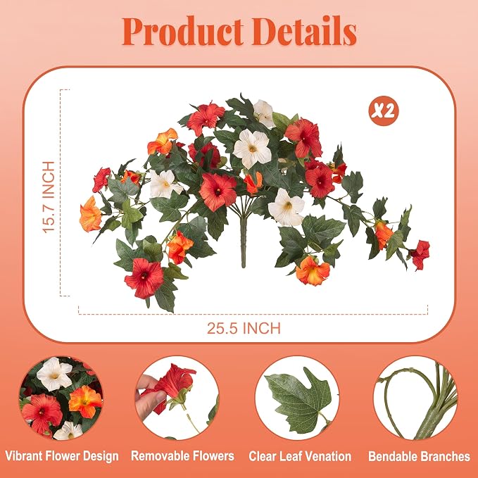 Ammyoo Artificial Fall Flowers Fake Petunias Plants for Outdoor Decoration | 2 Pcs UV Resistant Faux Silk Flowers No Fade Floral for Garden Balcony Yard Porch Realistic Indoor Decor (Orange White)