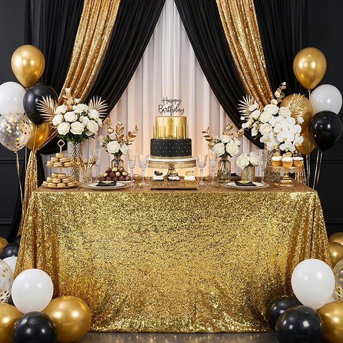 B-COOL Sniny Sequin Tablecloth Party Decor - Black Gold Table Cloth 90x90 Inch Glitter Fabric Overlay for Indoor Outdoor Dining Wedding Parties Home