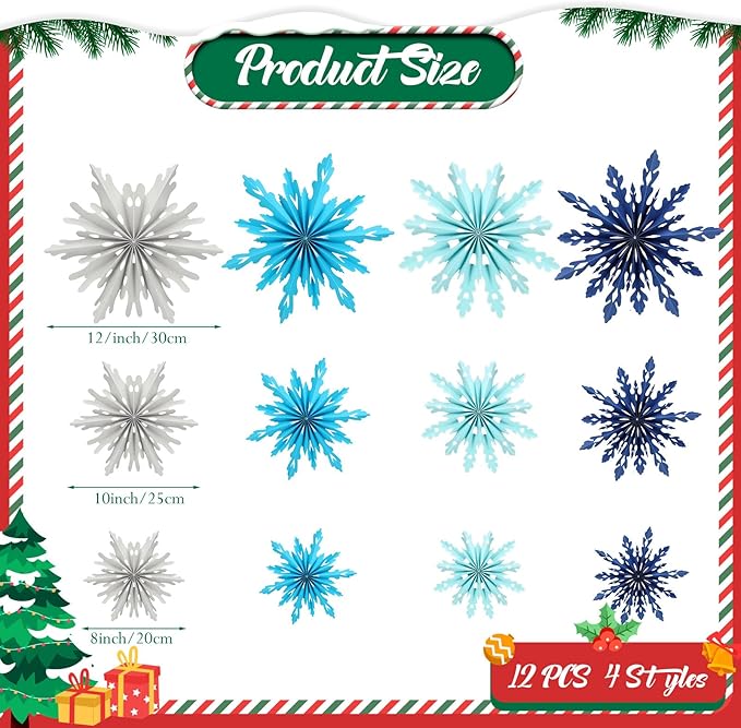 Fuyoooo 12 Pcs Snowflakes Hanging Decorations Blue Purple White Paper Fans Hollow Snowflakes Ceiling Hangings Decor Ice Birthday Fans Decor for Wedding Birthday Holiday Party Decoration(Blue)