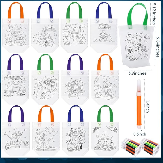 Chunful 24 Pcs Coloring Goodie Gift Bags for Kids Birthday Party Reusable Coloring Tote Bags Cute Cartoon Colorful Party Favor Non Woven with Colorful Pens DIY Crafts (Halloween)