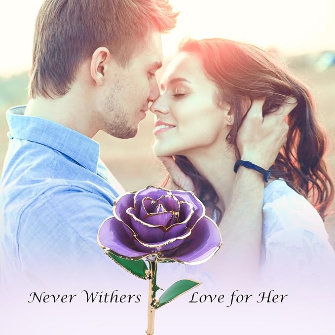 Sinvitron Gold Dipped Infinity Rose - Eternal Resin-Preserved Rose | Forever Flower Decor for Birthdays, Mother’s Day, Anniversaries | Unique Gift for Women, Mom, Wife (Lavender Purple)