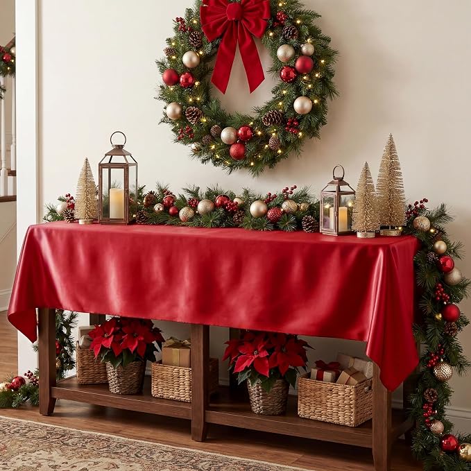 4 Pack Red Satin Tablecloth 58 x 102 Inches, Rectangular Satin Table Cloths for Wedding Reception, Birthday Party, Graduation & Holiday Banquet Tables