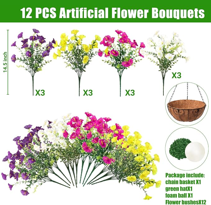 Artificial Flowers for Outdoors with Baskets Hanging Plant Faux Flowers UV Resistant Fake Silk Morning Glory with Eucalyptus for Planter Porch Garden Home Spring Summer Decoration(Mixed 4 colors)