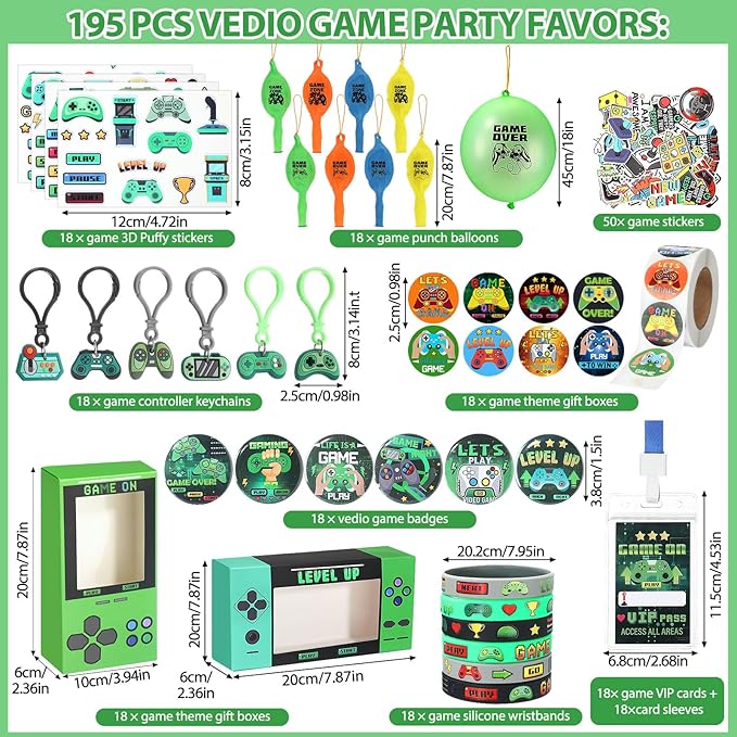 195 Pcs Video Game Party Favors for Kids Gamer Goodie Bag Stuffers Gaming Birthday Party Supplies with Gift Boxes, VIP Pass, Balloons, Bracelets, Keychains, Badges, 3D Stickers (Green)