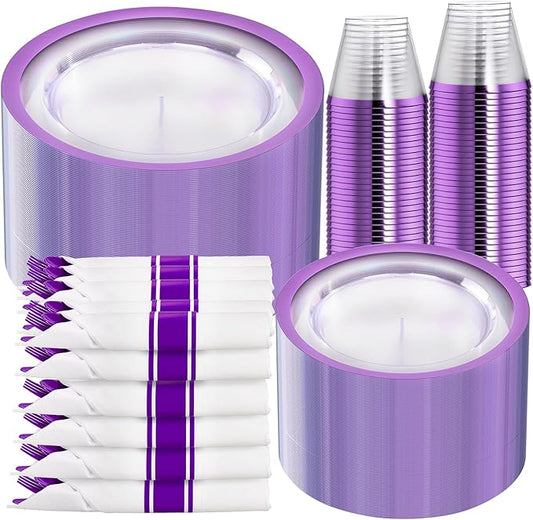 I00000 350 Pcs Clear Purple Plates for 50 Guests, Purple Dinnerware Include 100 Plates, 50 Cups, 50 Pre Rolled Napkins with Cutlery Set for Party and Wedding