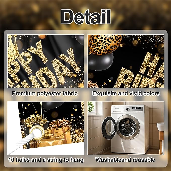 Happy Birthday Garage Door Banner Cover 7x16FT Waterproof –Black Gold Leopard Print Crown Backdrop with Balloons & Gifts Luxury Party Decor for Indoor Outdoor,Birthday Photo Booth Background for Women Men