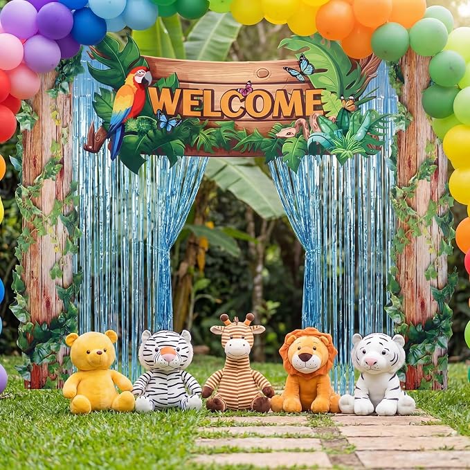 Peryiter 5 Pcs Rainforest Jungle Party Decorations Set - Welcome Arch, Tree Trunk Banners, Tinsel Curtains, Double-sided Tape for Tropical Theme Birthday, Photo Booth & Event Backdrop