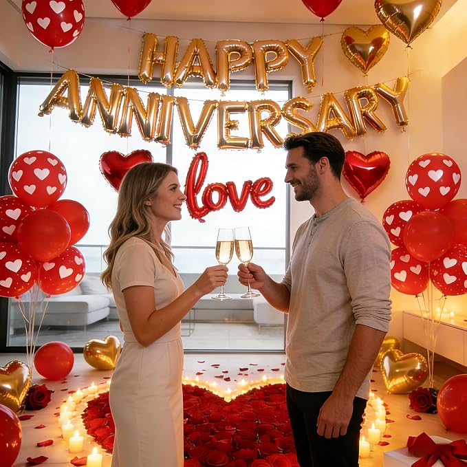 Happy Anniversary Balloons Kit Red Gold Balloon with Heart Shaped, Love Foil Balloons and 1000 Pieces Rose Petals for Anniversary Valentine's Day Proposals Decorations
