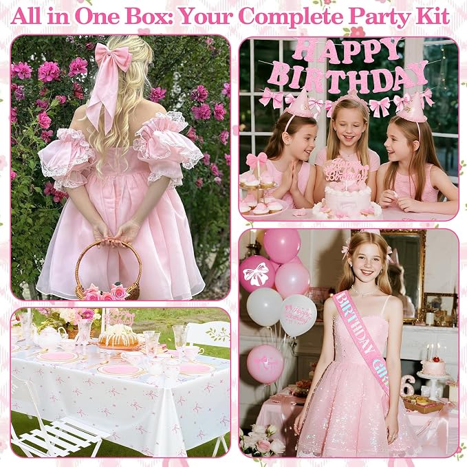 Pink Bow Birthday Decorations, Coquette Party Supplies with Balloons, Fringe Curtain, Birthday Sash, Pink Hair Bow, Tablecloth, Banner, Paper Pompoms, Cake Topper for Women Girls Bday Party Decor