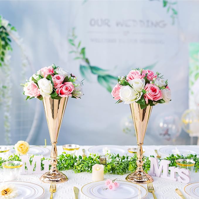 Gold Vase Centerpiece Table Decorations - 10 Pcs Metal Tabletop Flower Stand, Wedding Decorations for Reception, 14in Trumpet Tall Flower Vase for Birthday, Weddings, Anniversary, Home Decor