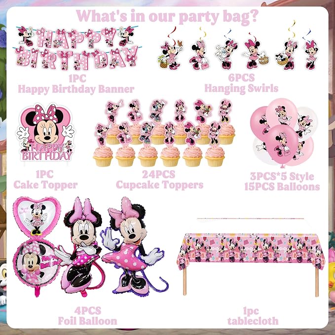 Pink Birthday Party Decorations Kit, Cartoon Birthday Supplies, Includes Happy Birthday Banner, Foil Balloons, Tablecloth, Backdrop, for Adult Themed Party Supplies