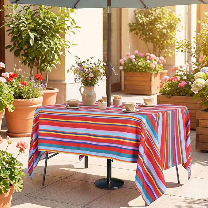 Poise3EHome 60X84 Outdoor Spillproof Rectangle Tablecloth with Umbrella Hole and Zipper for Camping, Picnic, Party, Patio Table, Spring, Color Stripe