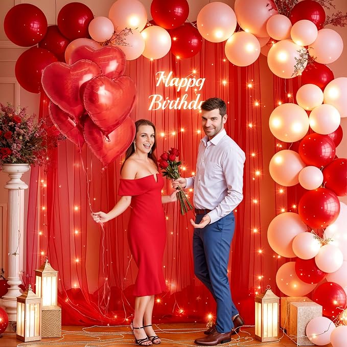20x10ft Red Tulle Backdrop Curtain with Lights String for Parites, Sheer Backdrop Curtains for Wedding Baby Shower Birthday Party Photo Shoot Decorations