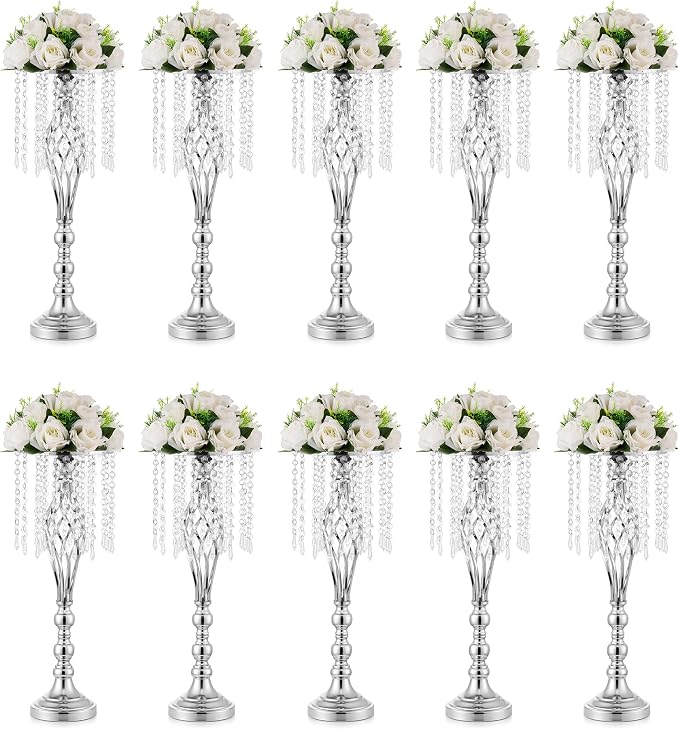 Sliver Vases Centerpieces for Table: 21.7" Tall Flower Stand with Crystal Patent for Wedding Center Piece Party Event Set of 10