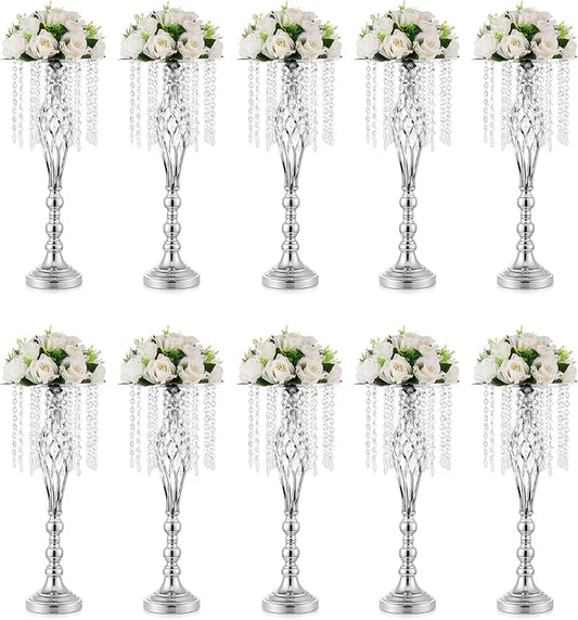 Sliver Vases Centerpieces for Table: 21.7" Tall Flower Stand with Crystal Patent for Wedding Center Piece Party Event Set of 10