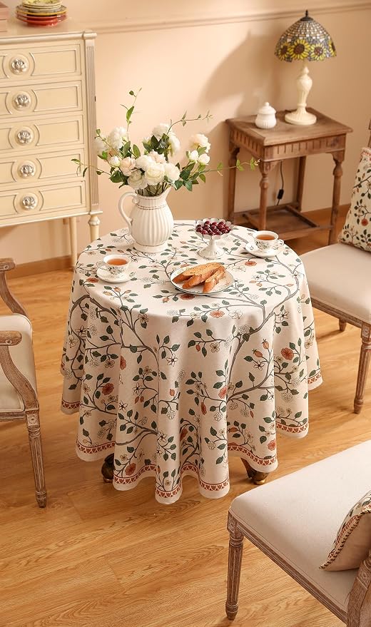 ISAENNE Vintage French Linen Round Tablecloth,Diameter 67"-Flora A | Designer Elegant Floral Table Cloth,Beautiful,Heavyweight,Decoration,Durable,Dining Room,Tea Party,Kitchen,Thanksgiving