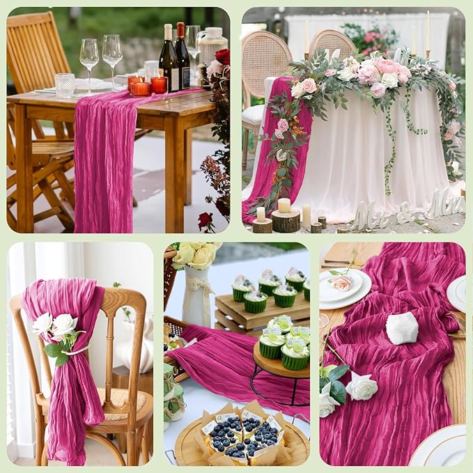 Wokceer Cheesecloth Table Runner 6Pack 10FT Fuchsia Boho Gauze Cheese Cloth Table Runner for Party Long Rustic Sheer Table Runners for Baby Bridal Shower Wedding Easter Table Decor