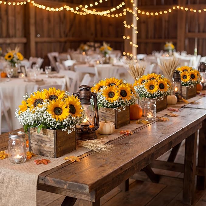 Suncalla 162 Pcs/6 Set Sunflower Centerpieces for Tables with Wood Box Farmhouse Babysbreath Centerpiece Vase Decor for Engagement Party Bridal Shower Centerpieces Wedding Reception Picnic Table Decor