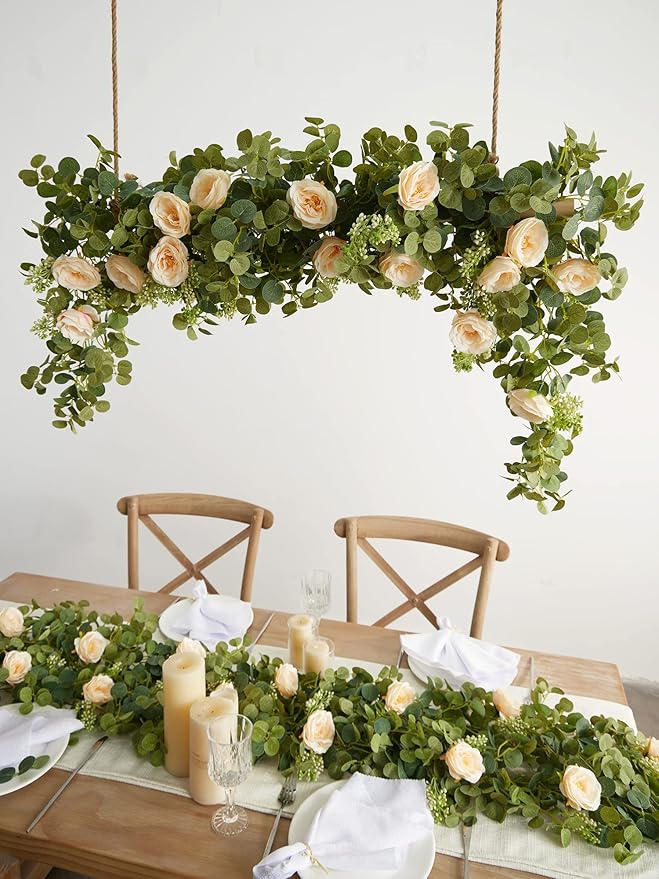 PARTY JOY 6.56ft Eucalyptus Garland with Flowers-8 Champagne Roses-Lush,Natural Looking, Floral Garland Greenery for Party Wedding Table Indoor Outdoor Backdrop Wall Decor（Champagne,1）